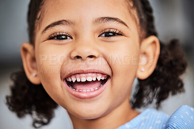 Buy stock photo Girl, child and macro portrait with happy dental health smile on face in youth and childhood. Excited, health and happiness of young black kid with good oral hygiene and healthy teeth smiling.


