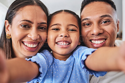 Buy stock photo Selfie, children and family with a girl, mother and father taking a photograph in their home together. Portrait, kids and love with a man, woman and daughter posing for a picture while bonding