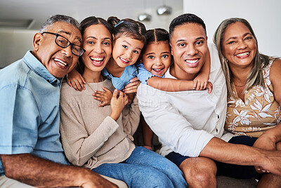 Buy stock photo Big family, smile and happiness of a mother, father and kids with grandparents and a hug at a house. Happy dad, children and elderly people feeling love and care hugging in a home with calm smiling