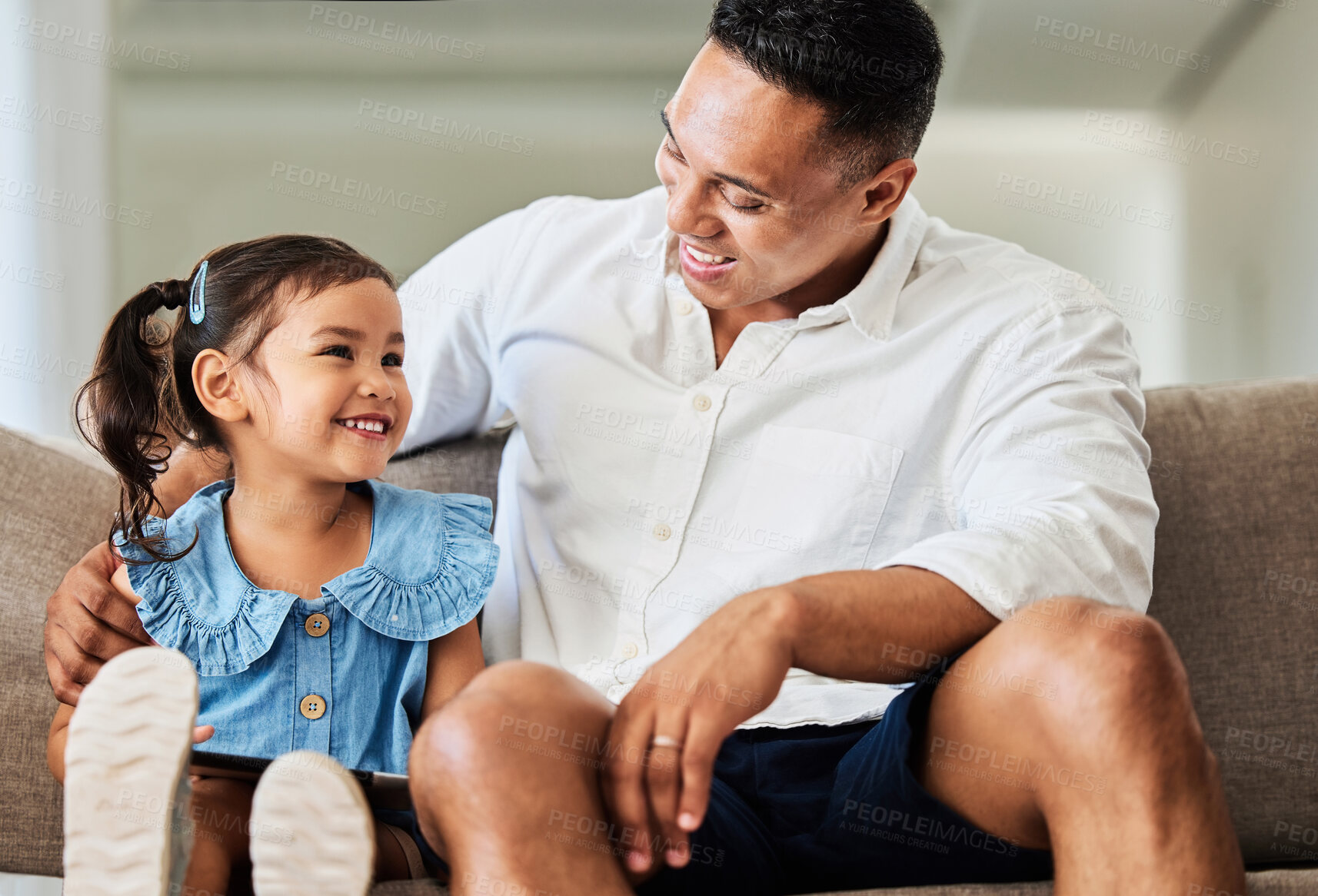 Buy stock photo Father, girl and happy living room bonding quality time at a family home with love and care on a sofa. Dad and young child smile on a couch with happiness relax smiling in a house lounge together