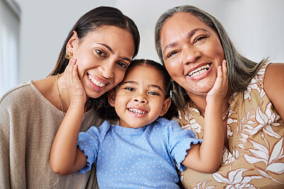 Buy stock photo Mother, girl and grandma bond in living room, smile, relax and hug in their home. Face, portrait and happy family of multigenerational women hug, laugh and enjoying quality time at home together