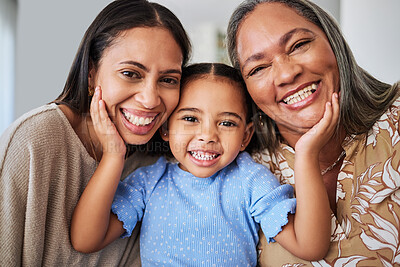 Buy stock photo Child, grandmother and mother with smile in their house with love, care and happiness together. Face portrait of a young, happy and comic girl bonding with her mom and grandma with affection