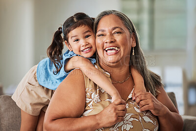 Buy stock photo Portrait, child and happy grandma love family bonding moments, memories and having fun in the house. Smile, happiness and proud grandmother enjoys quality time and relaxing on a weekend in Jerusalem 