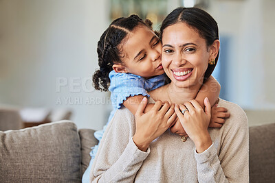 Buy stock photo Love, mother and girl hug being happy, relax and bonding enjoy on couch in living room with smile together. Mama, child and kid embrace for quality time, on sofa laugh and loving in lounge at home.