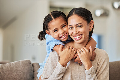 Buy stock photo Love, relax and mother and girl on sofa with hug for family, happy and lifestyle together. Smile, support and trust with portrait of mom and child in living room at home for care, youth and happiness