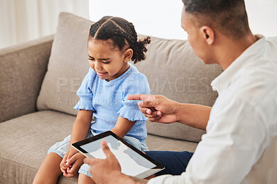 Buy stock photo Angry, fight and upset, man and girl, father discipline daughter and crying, tablet mockup and no screen time punishment. Naughty, child and disappointed dad, fight and zero technology at home.