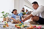Family, learning and building toy by girl and father bond living room floor, playing, relax and creative puzzle fun. Education, child development and parent teaching child to build, shapes and color