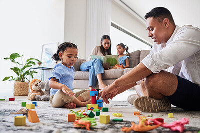 Buy stock photo Family, learning and building toy by girl and father bond living room floor, playing, relax and creative puzzle fun. Education, child development and parent teaching child to build, shapes and color