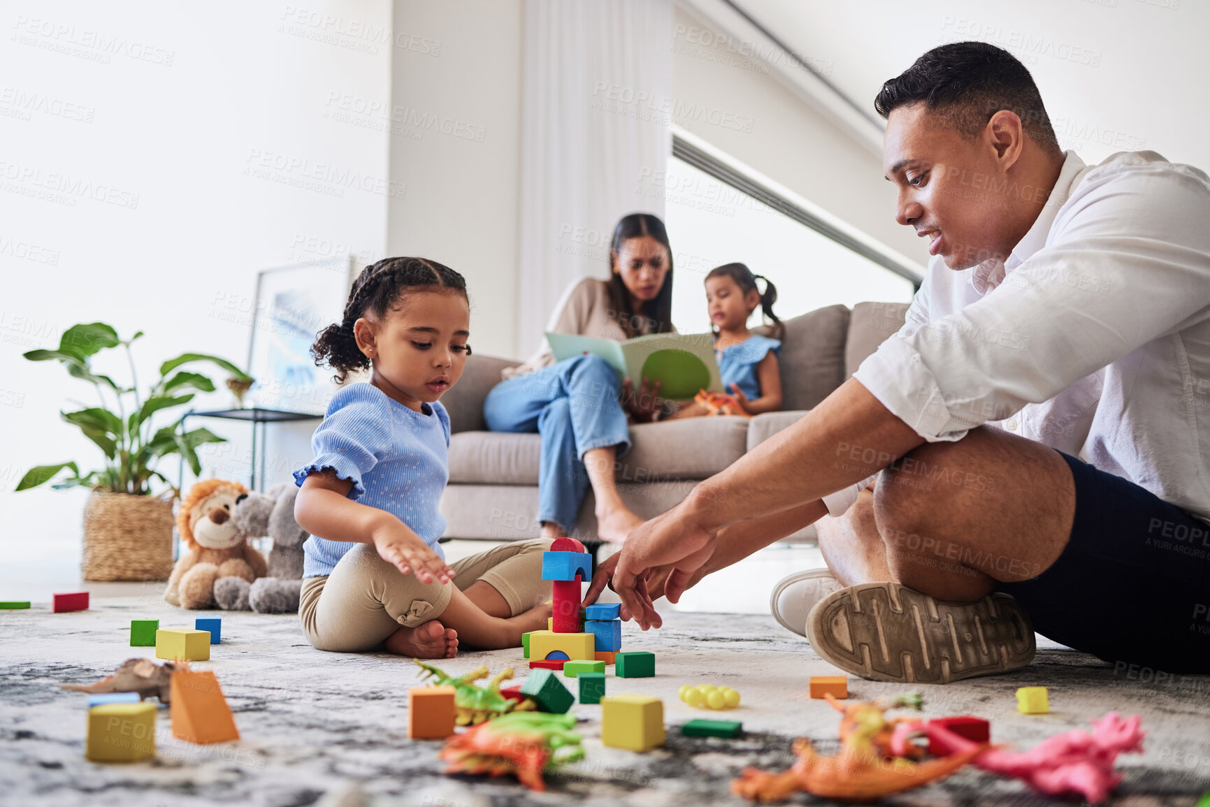 Buy stock photo Family, learning and building toy by girl and father bond living room floor, playing, relax and creative puzzle fun. Education, child development and parent teaching child to build, shapes and color