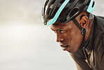 Cyclist man, sweating and focus for marathon race, competition or sports event on sky mock up for advertising space or marketing. Cycling sports person in helmet tired for  training fitness challenge