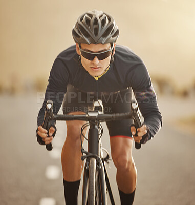 Buy stock photo Bike, portrait and man cycling on road, exercise or workout on street outdoor. Health, fitness and male cyclist from Canada riding bicycle on asphalt, pavement or highway training for competition.