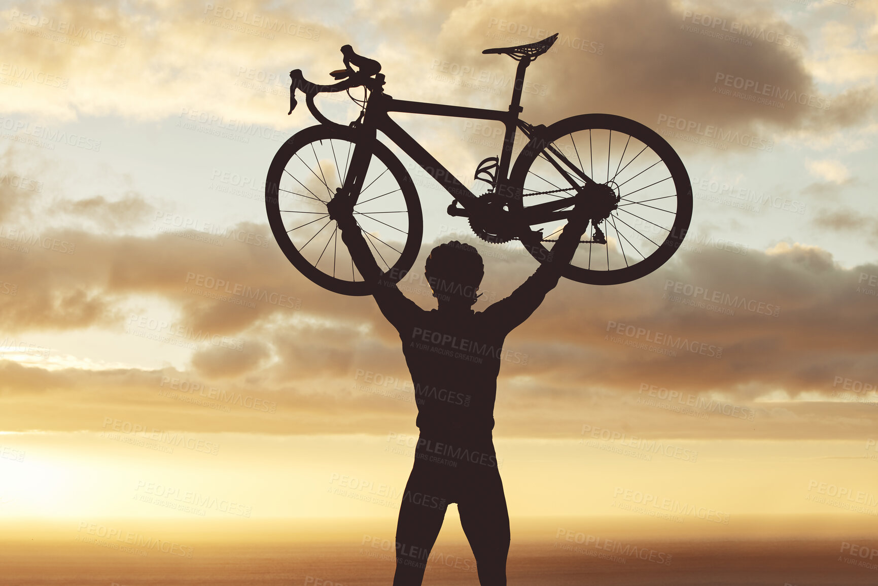 Buy stock photo Cycling, silhouette and man lifting a bike at sunset, victory, cheering and sport goal success. Fitness, bicycle and athlete celebration in nature after physical exercise, training and achievement