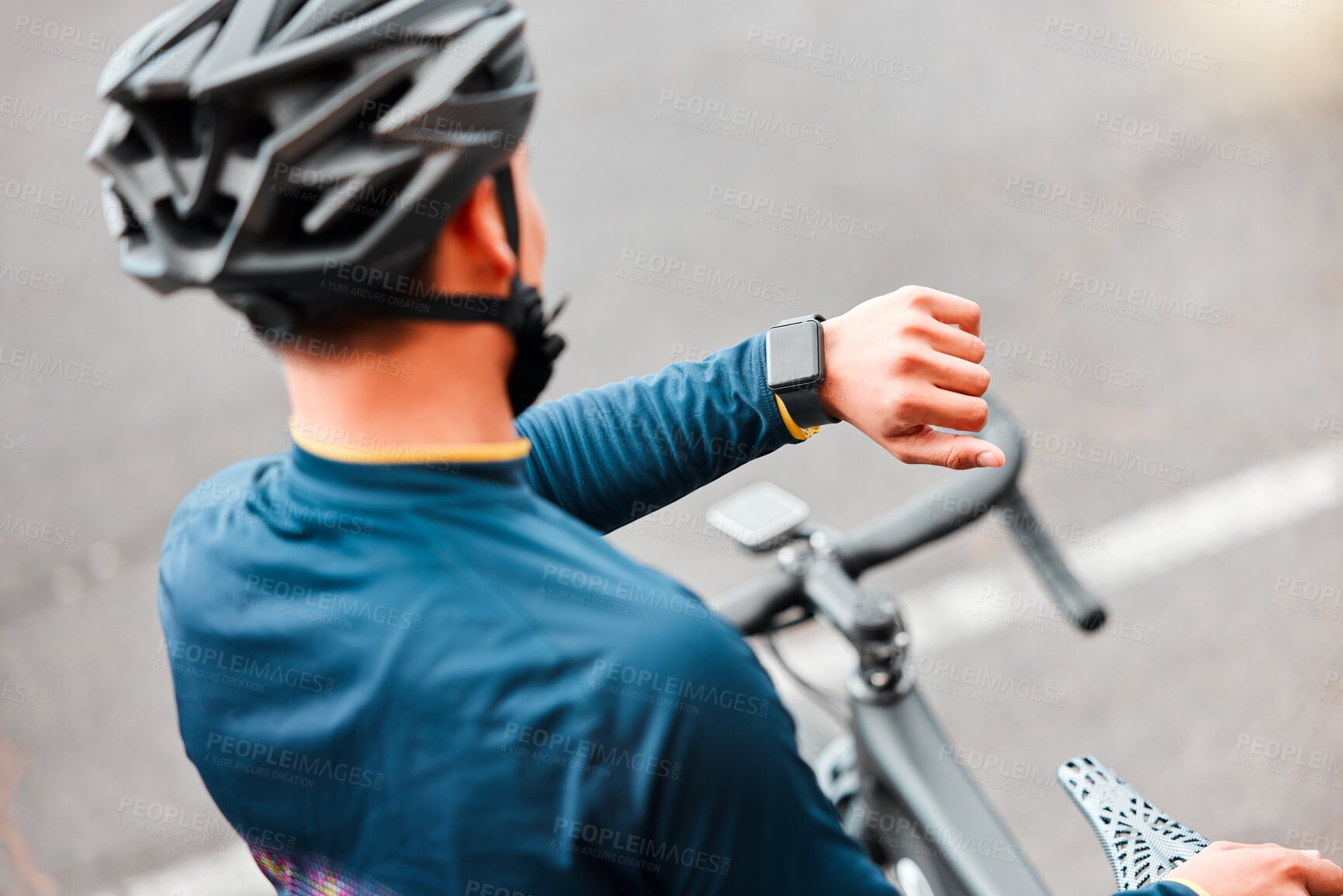 Buy stock photo Watch, fitness and man cycling in the city on a bike for cardio health, exercise and sustainable lifestyle. Athlete cyclist training with the time on tech with a bicycle on the street for motivation