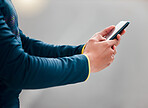 Workout, hands and man typing on smartphone outside, checking GPS with 5g internet connection. Communication, technology and smartphone, writing a message on mobile or tracking fitness app online.