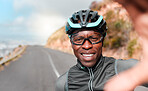 Cycling, portrait and selfie with man in a road along a mountain in South Africa, happy, relax and excited. Fitness, training and face of cyclist photo break during morning cardio exercise in nature