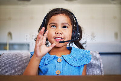 Buy stock photo Girl, education headset or waving in distance learning, remote study or lockdown homeschool support. Smile, happy or greeting student on video call, kids studying webinar or children lesson in house