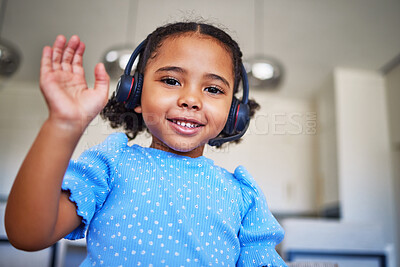 Buy stock photo Children, school and video call with a girl wave on an internet chat, waving while using a headset for communication. Kids, education and waving with a female child online for distance learning