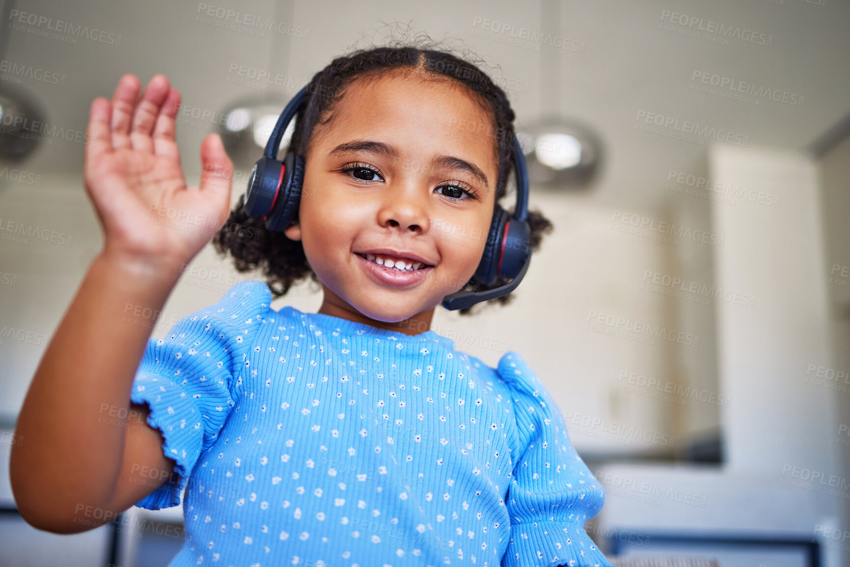 Buy stock photo Children, school and video call with a girl wave on an internet chat, waving while using a headset for communication. Kids, education and waving with a female child online for distance learning