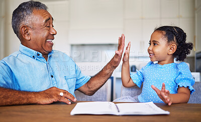 Buy stock photo High five, child learning and black family grandfather support, helping or care for home education or language development motivation. Elderly man teaching girl kid and goal target success hand sign