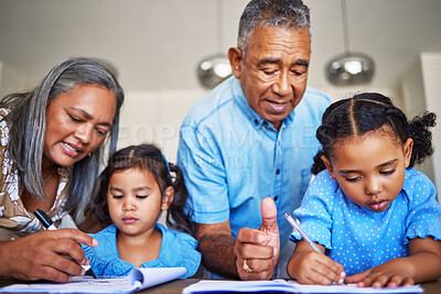 Buy stock photo Homework, writing and grandparents helping children with education together at a table in their house. Girl kids learning in a notebook with a senior man and woman teaching, studying and giving help