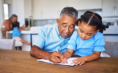 Buy stock photo Homework, child and grandfather helping with education, learning and studying in a notebook in their house. Senior man teaching and giving help to a girl writing in a book for school work in home
