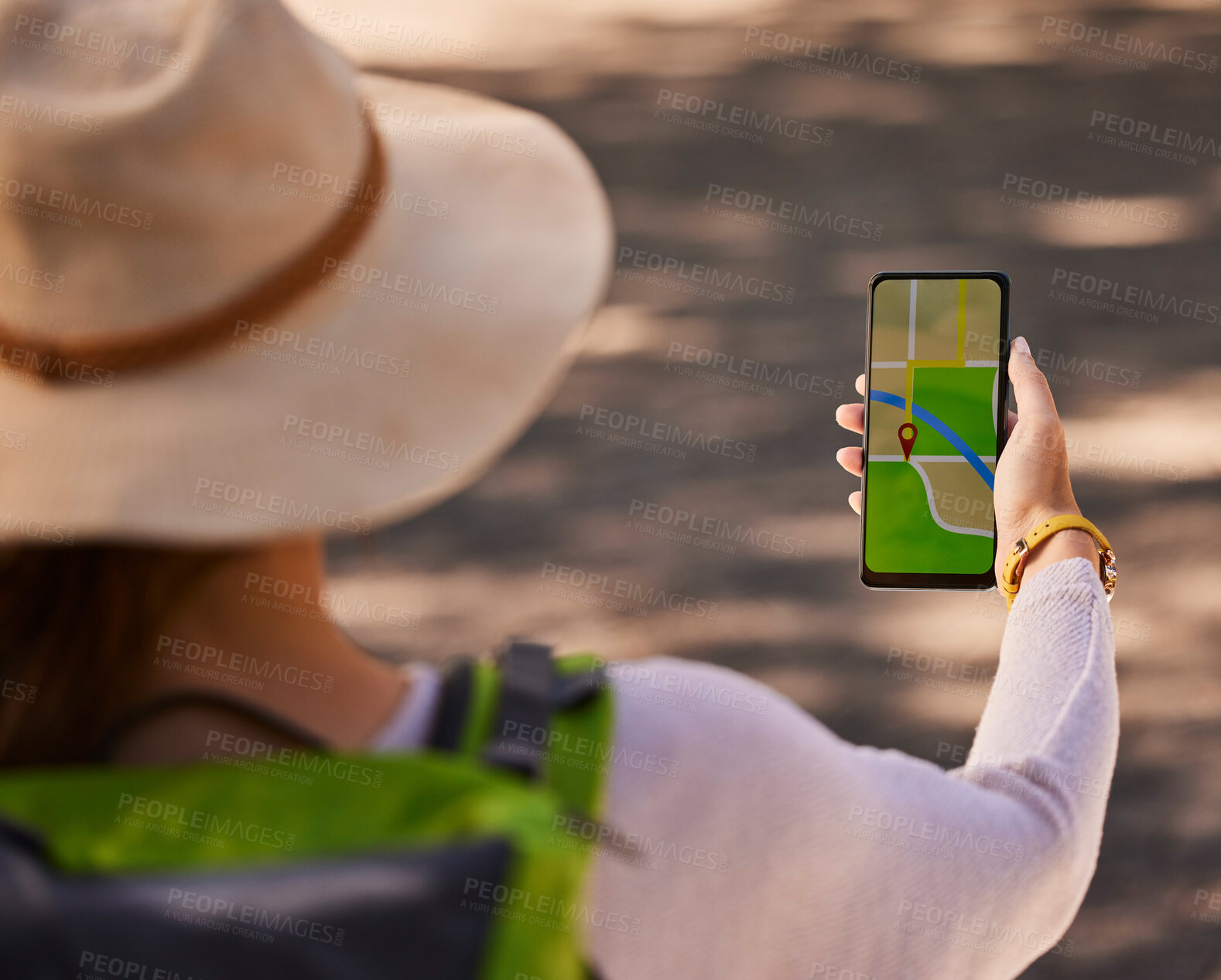 Buy stock photo Internet map, phone and woman in nature for adventure, travel and hiking on holiday in Costa Rica. Back of person with a gps location on a mobile while walking or trekking in the mountains or forest