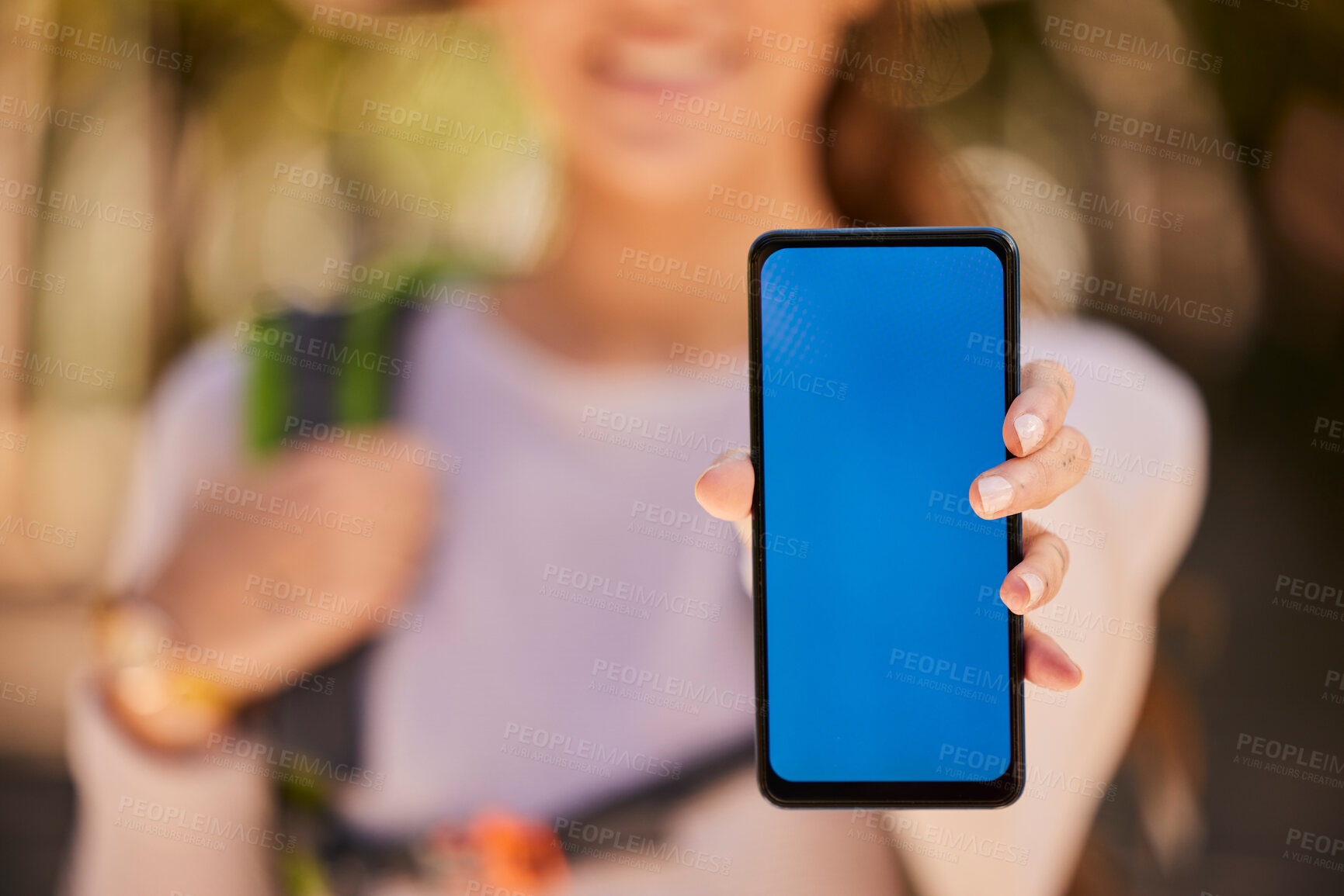 Buy stock photo Phone, green screen and mock up of woman hiking in woods on 5g mobile app, location search or digital marketing. Adventure trekking girl with smartphone mockup screen, background and website branding