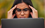 Work, stress and burnout, woman in glasses at computer reading spam email, glitch or 404 error. Girl from Mexico frustrated, work on tax compliance and doubt or problem on startup audit report online