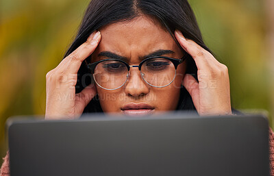 Buy stock photo Work, stress and burnout, woman in glasses at computer reading spam email, glitch or 404 error. Girl from Mexico frustrated, work on tax compliance and doubt or problem on startup audit report online