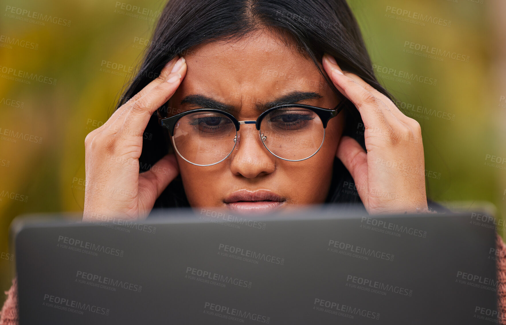 Buy stock photo Work, stress and burnout, woman in glasses at computer reading spam email, glitch or 404 error. Girl from Mexico frustrated, work on tax compliance and doubt or problem on startup audit report online