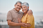 Happy, love and portrait of a senior couple in retirement, bonding and embracing in nature. Happiness, smile and elderly man and woman from Puerto Rico hugging with care, romance and joy outdoors.