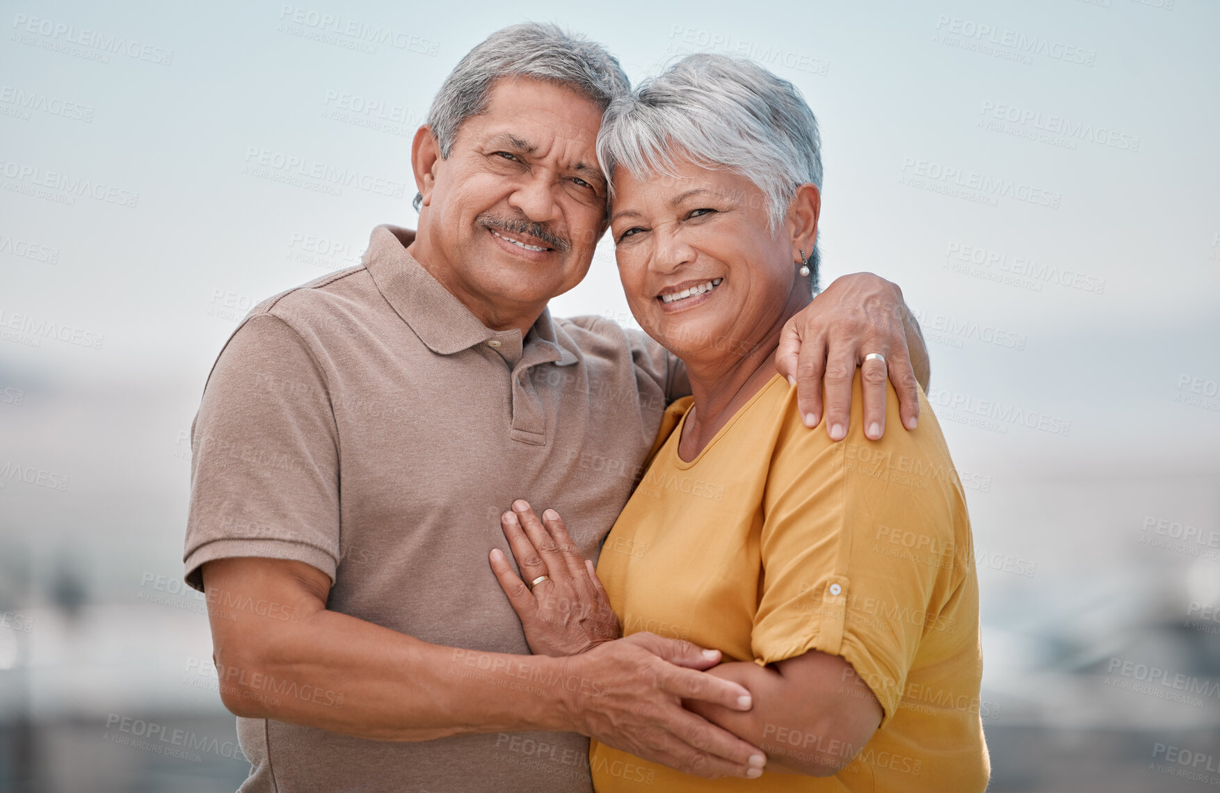 Buy stock photo Happy, love and portrait of a senior couple in retirement, bonding and embracing in nature. Happiness, smile and elderly man and woman from Puerto Rico hugging with care, romance and joy outdoors.