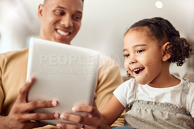 Buy stock photo Happy family, digital tablet and girl bonding with father in a living room, happy, gaming and playing online together. Black family, children and happy parent showing child a learning internet app