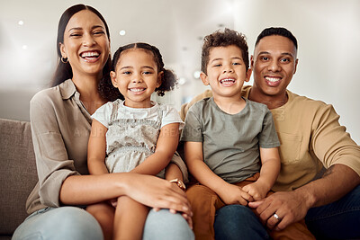 Buy stock photo Family, mother and father with kids for love and smile relaxing on living room sofa for quality bonding time at home. Portrait of happy mama, dad and children smiling in happiness for break together