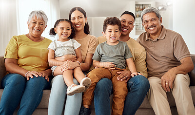 Buy stock photo Relax, smile and big family on the sofa in the living room of their house for love, happiness and care. Portrait of happy and young kids with grandparents, mother and father on the sofa for bonding