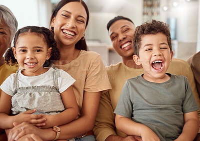 Buy stock photo Comic, portrait and children with parents on the sofa in the living room of their house together. Funny, happy and playful kids with mother and father for love, care and comedy in their family home