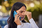 Black woman, phone call and stress, worry or sad, communication and reaction to bad news, conversation on smartphone and outdoor. African American, serious and frown, hand pinch nose with headache.