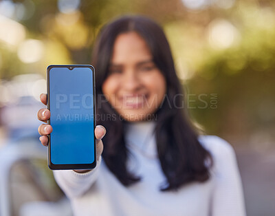 Buy stock photo Woman, hands or phone mock up space for map marketing, gps advertising or brand logo design in London city park. Zoom, tourist or student on 5g mobile technology and mockup for travel or learning app
