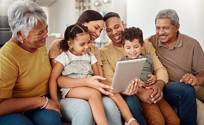 Buy stock photo Technology, children and family with tablet on home sofa for elearning, online education and internet game with men and women. Happy grandparents, mom and dad help kids read ebook on learning website