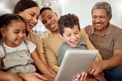 Buy stock photo Parents, children and grandfather with tablet on sofa in house or family home living room for zoom call, internet game or streaming. Smile, happy and bonding woman, men and kids with movie technology
