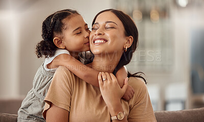 Buy stock photo Happy, kiss and hug on mothers day in living room sofa, love and relaxing together in Australia family home. Young girl, smile parent and happiness, quality time and care on lounge couch for fun