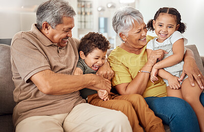 Buy stock photo Family, happy and grandparents with children on sofa playing tickle game for bonding fun in home. Love, care and joyful smile together in Mexico family home with grandma, grandfather and kids.


