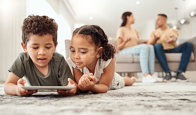 Buy stock photo Kids on floor with tablet in living room, watching fun and educational videos or playing game online with parents on sofa. Technology, internet and children play on carpet with mobile app together.