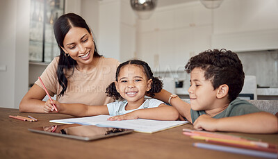 Buy stock photo Family, children and education with a girl, boy and mother doing homework or learning at a dining room table of the home. Kids, love and school with a woman teaching her daughter and son in a house