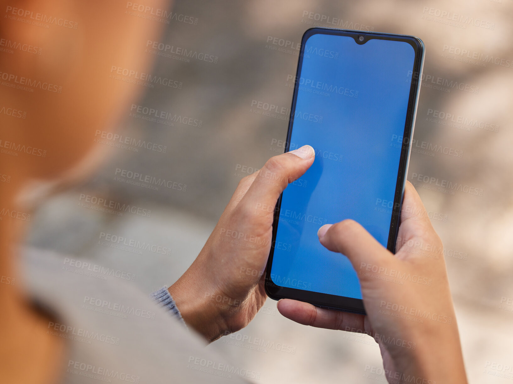 Buy stock photo Phone, woman and green screen mock up for brand advertising, marketing app or mobile product website networking. Close up of girl holding smartphone, contact us and online ui and ux tech design