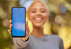 Green screen phone, mockup and woman blue mobile app for advertising, brand and digital marketing space. Hands, smartphone tech and social media, website network and multimedia web design connection