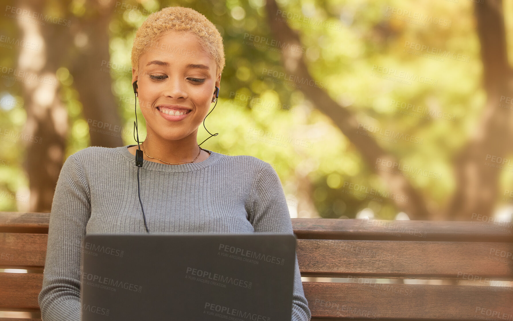 Buy stock photo Woman, music earphones or laptop in park, nature environment or London city garden. Smile, happy or relax student on technology in distance learning education, zoom video call or campus college break