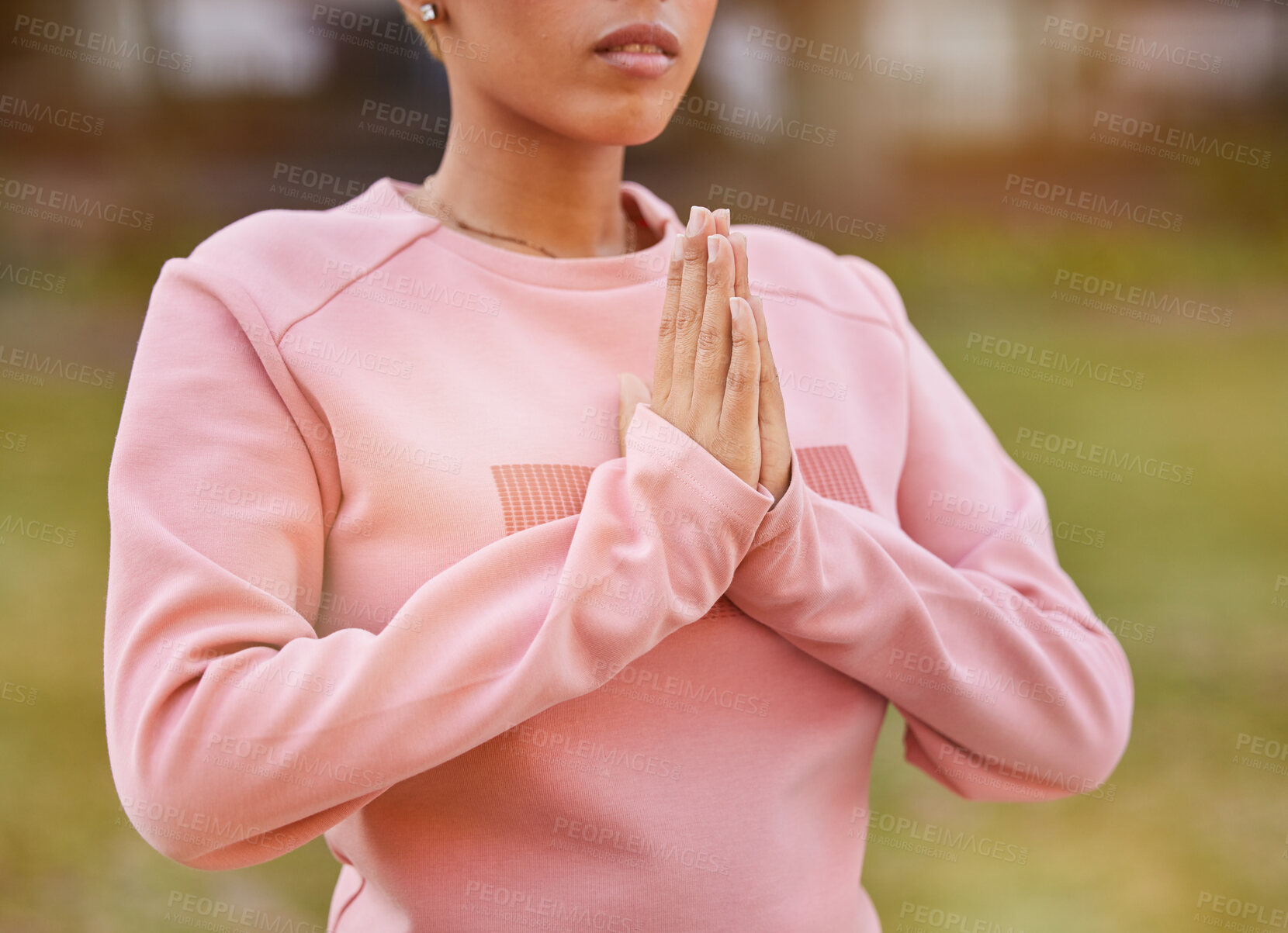 Buy stock photo Hands, yoga and meditation with a woman in a park for mental health, wellness and calm closeup. Zen, serene and peace with a female meditating outdoor for holistic or spiritual health and faith