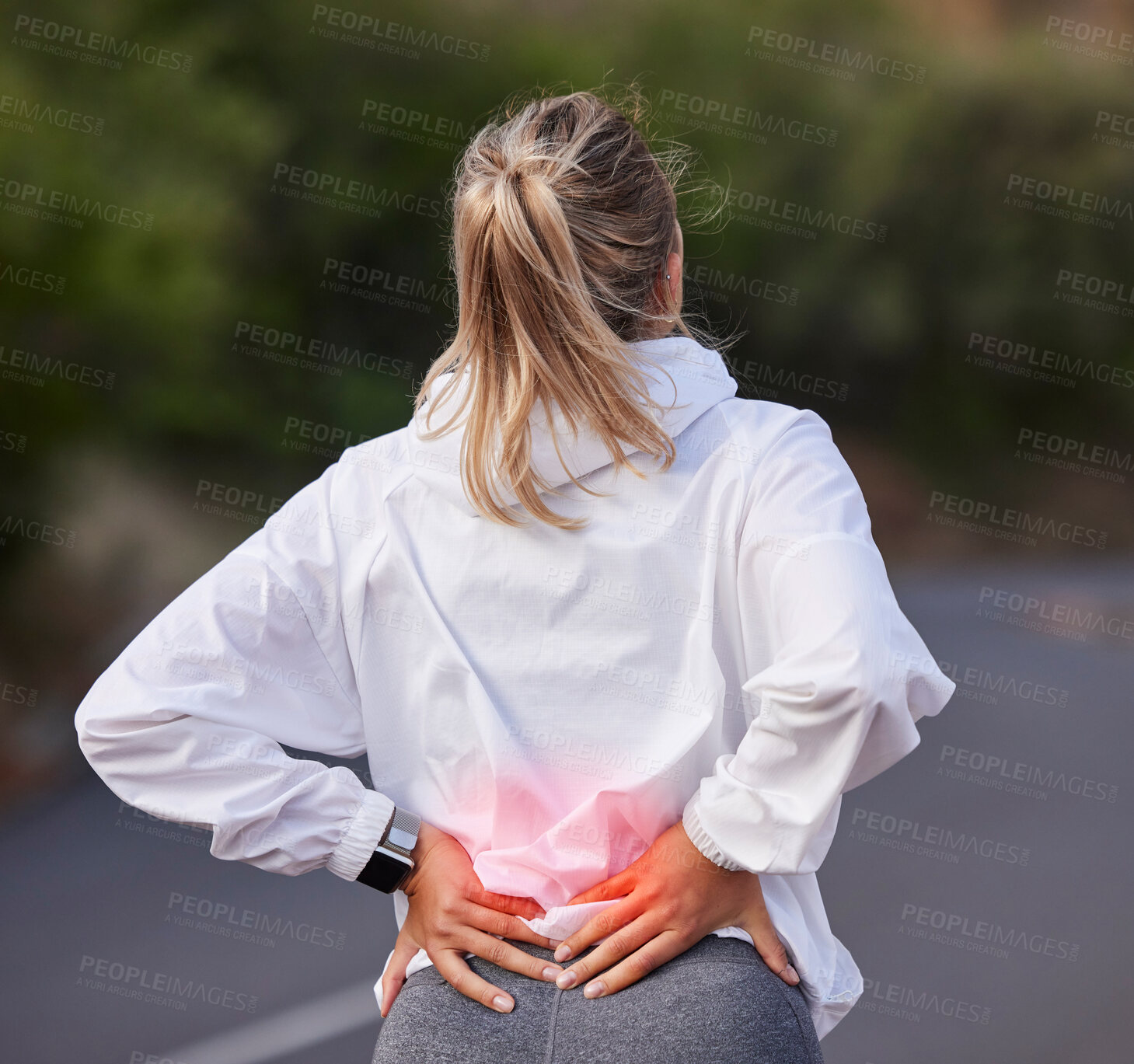 Buy stock photo Woman, back pain and red injury in wellness exercise, training and health workout on Australian countryside road or street. Ache, inflammation and body tension for fitness marathon and sports runner