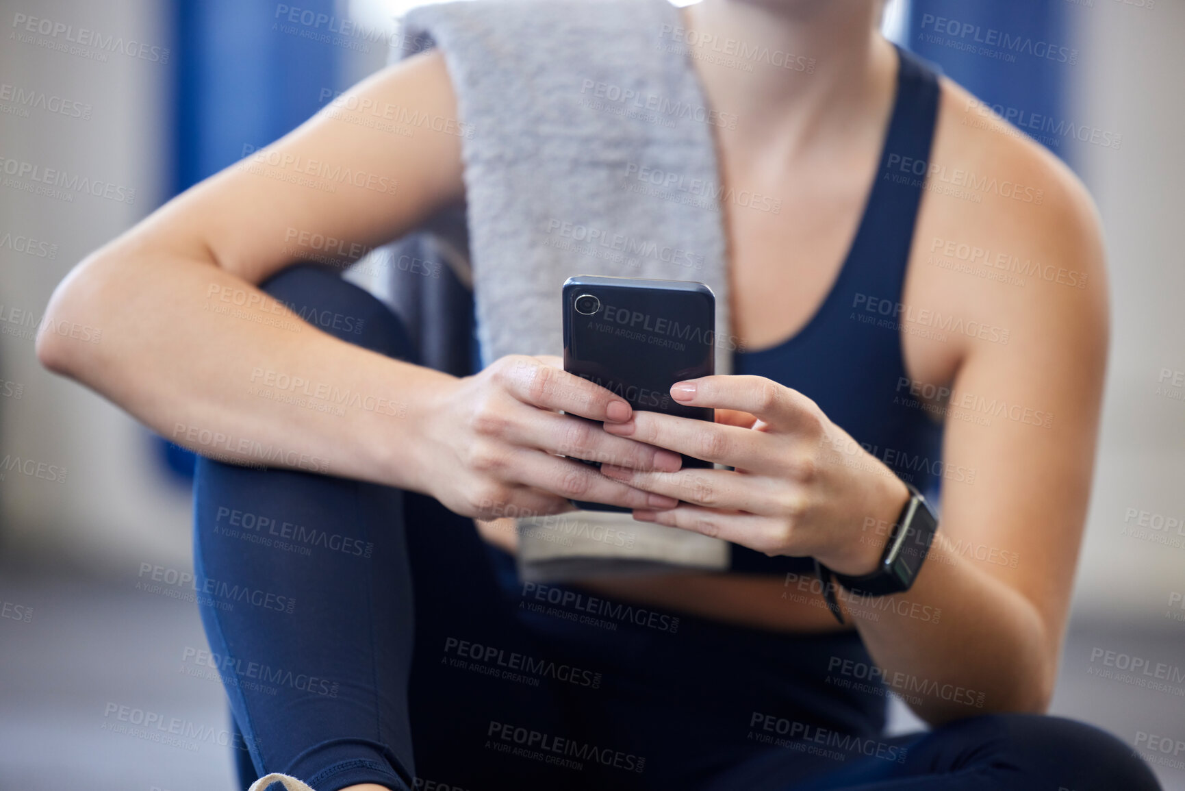 Buy stock photo Fitness, smartphone or relax body of woman typing, scroll or browse health app, wellness blog post or social media gym feed. Girl hands of digital mobile user search web for training workout exercise